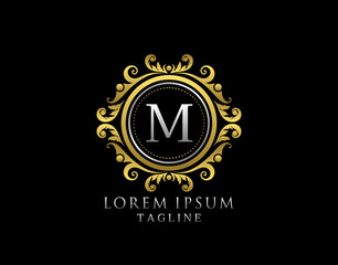 Royal Circle M Letter Logo. Luxury Circle Badge Gold design for Boutique, Royalty, Letter Stamp,  Hotel, Heraldic, Jewelry, Restaurant, Wedding.