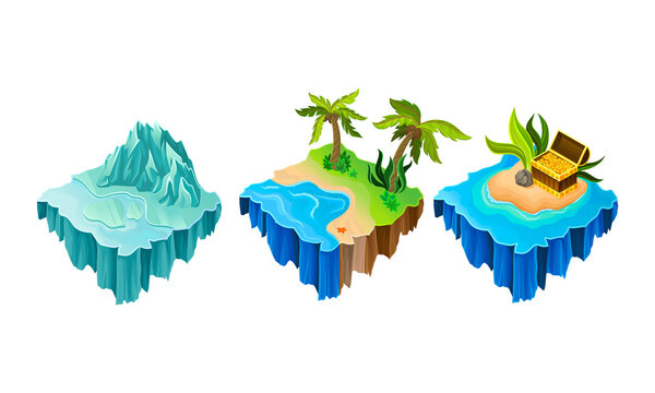 Floating Game Islands with Tropical Shore and Iceberg Vector Set