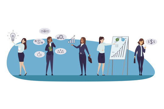 Profit, business, success, analysis, idea, communication concept. Group of businesswomen negotiating brainstorming checking money income presentating financial data report together. Goal achievement.