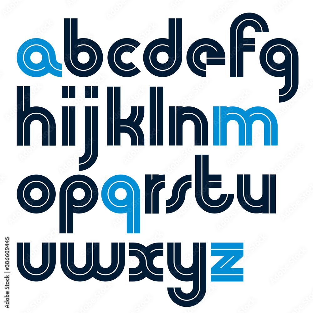 Poster set of vector bold lower case alphabet letters with white lines, best for use in logotype design in 
