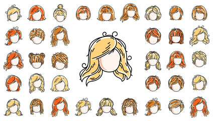 Woman hairstyles heads vector illustrations set isolated on white background, girl attractive beautiful haircuts collection, different hair color.