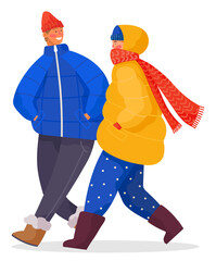 People walking together in winter cold weather. Couple of friends talking. Woman and man dressed in warm clothes like overcoat, hat and scarf. Vector illustration of seasonal clothing in flat style