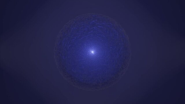 Kugel mit dicken Fasern auf der Oberfl&auml;che, glei&szlig;end heller Punkt in der Mitte