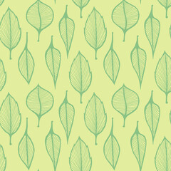 Hand drawn leafs pattern, seamless illustration with leaves on green background