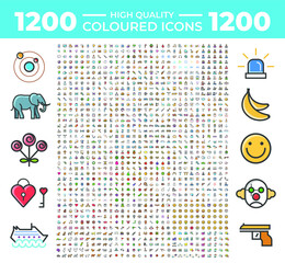 Set of 1200 High Quality Solid Colorful Icons on White Background . Isolated Vector Elements