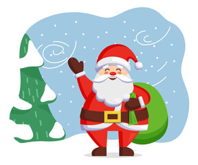 Santa Claus stand in winter forest, fir tree covered by snow. Traditional christmas holiday character. Person in red clothes with xmas green sack with presents. Vector illustration in flat style