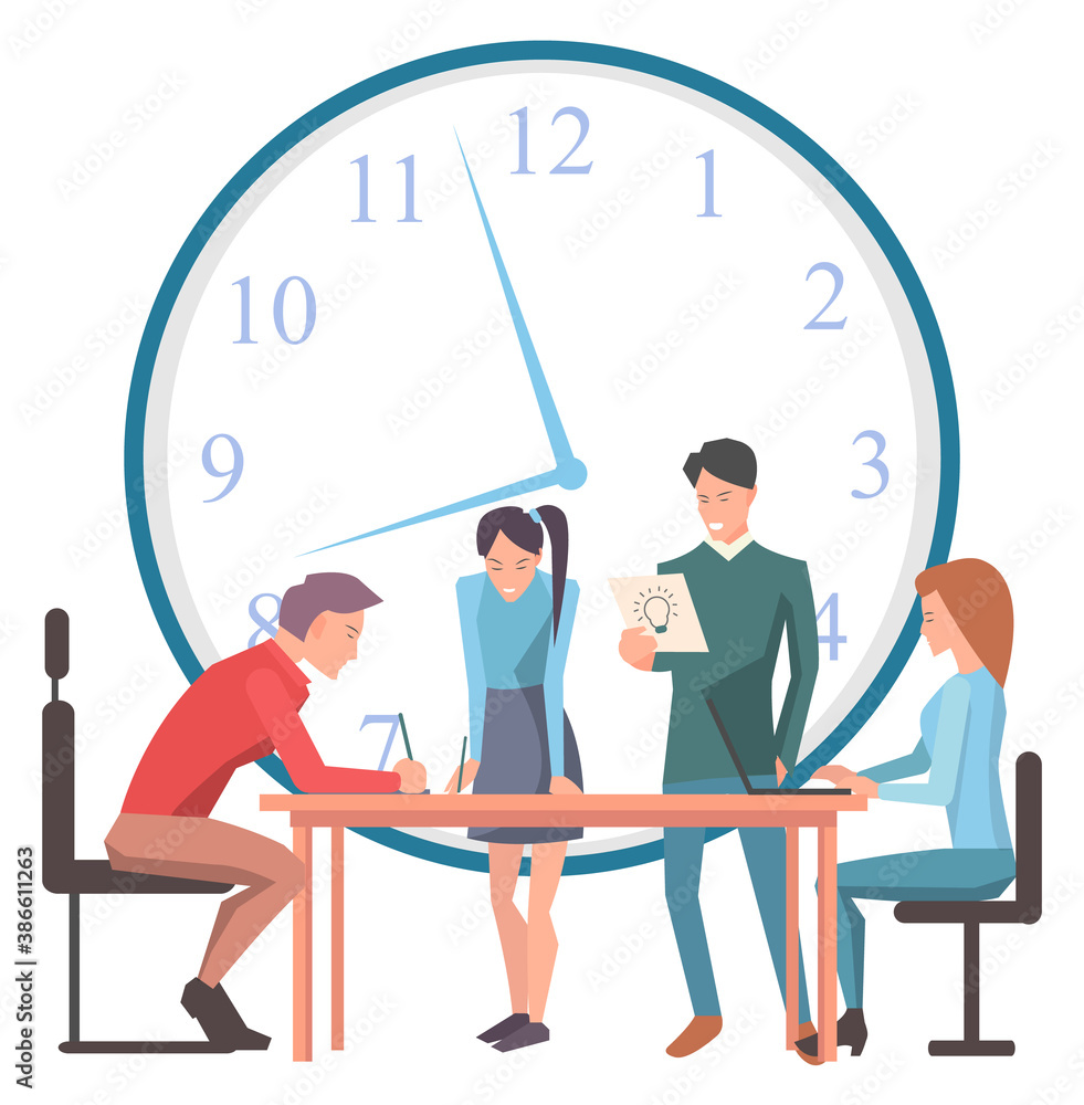 Poster time management meeting of workers vector, problems at work flat style character on meeting. confere