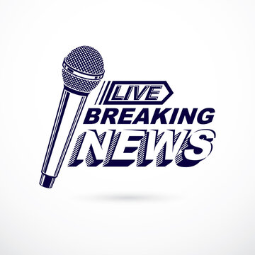 Hot news conceptual logo composed using breaking live news writing and press microphones. Global broadcasting theme illustration.