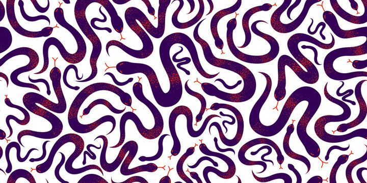 Snakes seamless textile, vector background with a lot of serpents endless texture, stylish fabric or wallpaper design, dangerous poisoned wild animals.