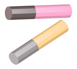 Lip gloss pin and yellow isolated at white. 3d icons of long tubes with lipstick. Cosmetics concept. Tool or instrument, equipment for visagiste. Packaging design of lip gloss. Simple cosmetic icons