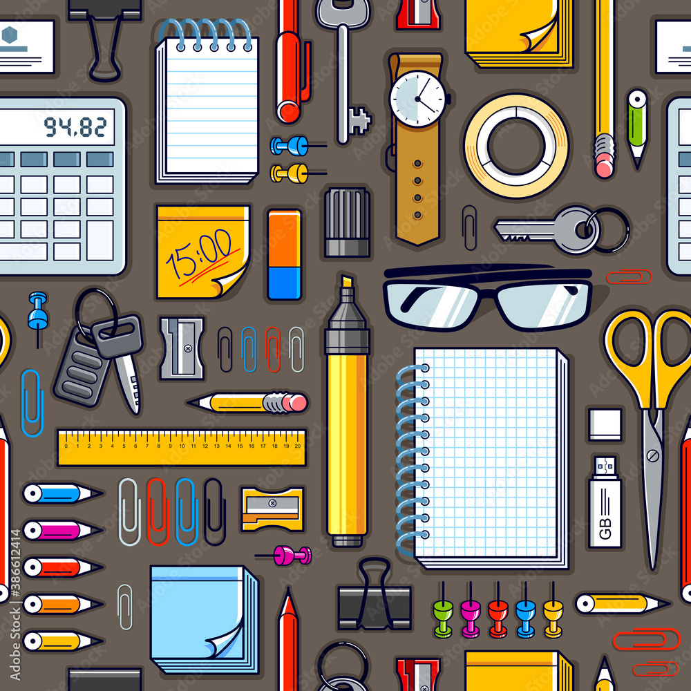Poster work office desk top view with a lot of different stationery elements seamless vector wallpaper, bus