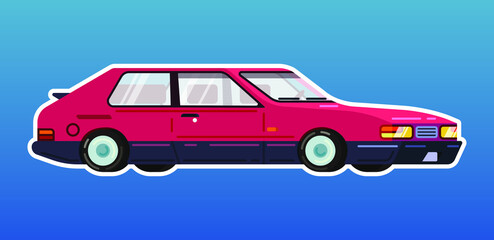 Fototapeta na wymiar Vector illustration of red passenger car on blue background with perspective side view. Art for vehicle rent banner or carsharing advertisment. Automobile on sale concept.