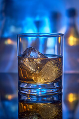 A glass of whiskey with ice.