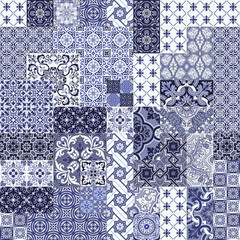 Blue Azulejos tiles patchwork wallpaper abstract vector seamless pattern 
