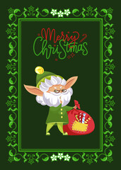 Merry christmas greeting card. Old elf hold red sack with gifts and candy canes. Xmas postcard with fairy character and caption. Green frame with floral ornament. Vector illustration in flat style