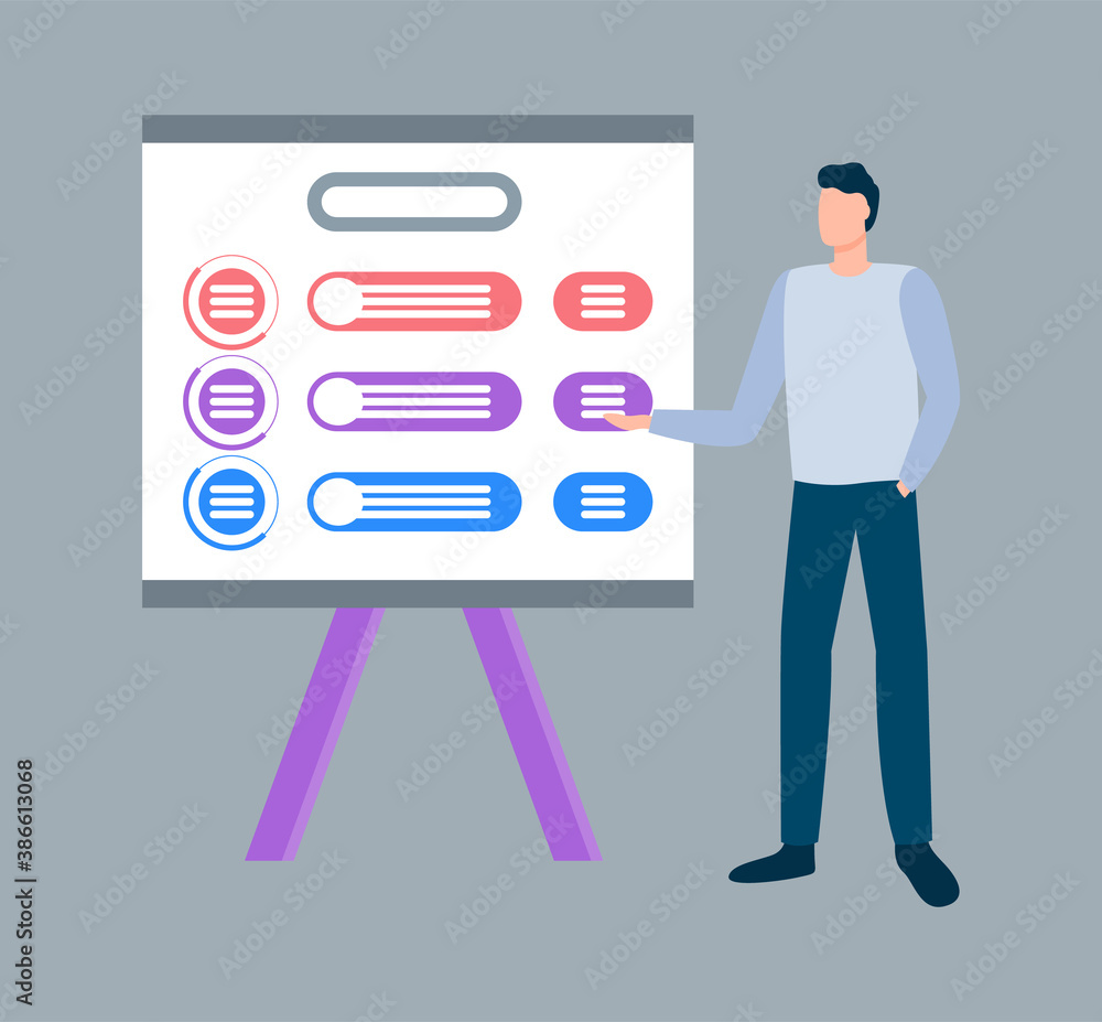 Aufkleber board with information and stats vector, male wearing formal clothes showing charts and data, diagra