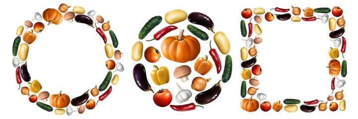 Realistic vegetables set. Collection of realism style drawn pepper pumpking tomato cucumber isolated in round square shape vegan nutrition or vegetarian meal. Autumn harvesting mockup illustration.