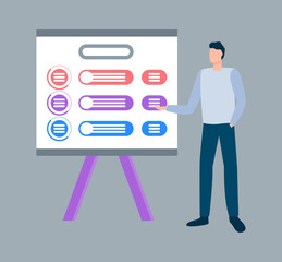 Board with information and stats vector, male wearing formal clothes showing charts and data, diagrams and text explanation to presentation of worker