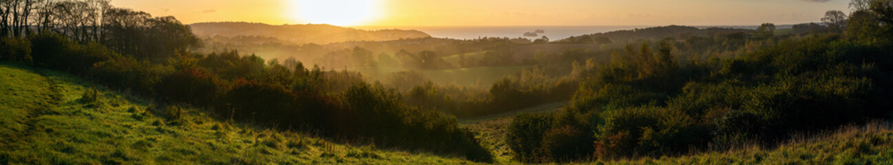 Sunrise over the Torquay fields in Devon in England in Europe.
