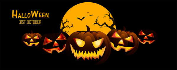 Groups of Spooky Halloweens, scary black Halloween pumpkins on a dark background with jack o lantern - Happy Halloween, used in Halloweens concept designs. © Paradox-D