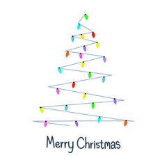 Christmas tree with light bulb on white background.