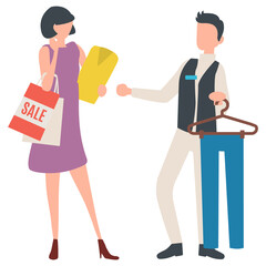 Consultant helping woman to choose trousers vector, isolated people in shop. Shopping female holding bag with sale sign and tshirt, shop fashion advice