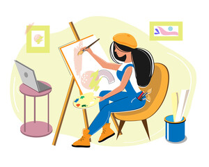 A young girl draws on an easel at home with a notebook. Online lessons. concept quarantine. Vector flat style illustration