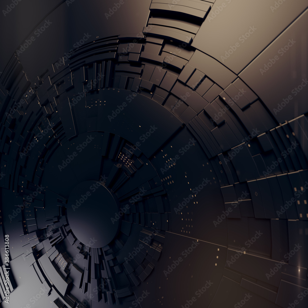 Poster dark futuristic circular geometric pattern. hi-tech and science abstract background. 3d rendering di