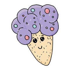 funny purple ice cream in a waffle cone with sprinkles and gzaz, kawaii sweets, vector, cute drawing for kids