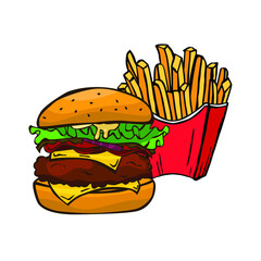 Vector illustration of a hamburger and fries on a white background. Hand drawn. Fast food. Menu.
