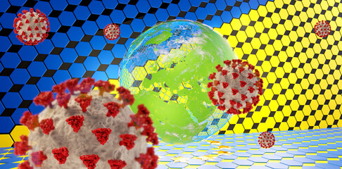 concept of Corona Virus Covid-19 at hexagonal Europe colored background with green earth. 3d-illustration elements of this image furnished by NASA
