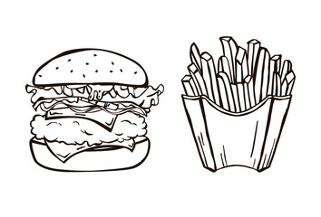 Vector illustration of a hamburger and fries on a white background, hand drawn with brown stroke. Fast food. Menu.