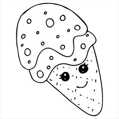 cute ice cream with eyes, cute drawing for kids, vector element, coloring book, kawaii sweets