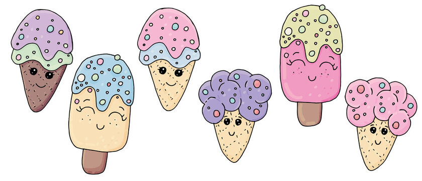 cute ice creams with eyes, icing and sprinkling of pink, yellow, lilac flowers, vector set of elements, cute drawing for kids