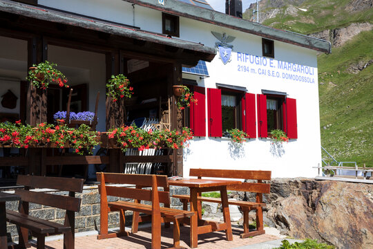 Formazza (VCO), Italy - June 25, 2020: Margaroli retreat at Lake Vannino, Formazza Valley, Ossola, VCO, Piedmont, Italy