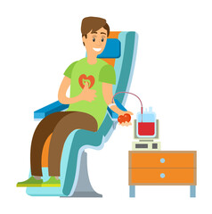 Man volunteer transfusing blood in volume, person sitting with needle and tube equipment, male donation for illness, charity and healthcare vector