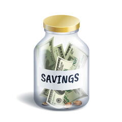 Savings in dollar money in glass jar realistic isolated on white background