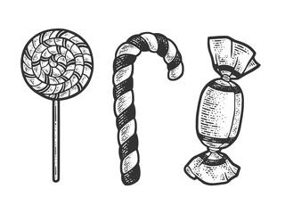 Lollipop sugar candies set sketch engraving vector illustration. T-shirt apparel print design. Scratch board imitation. Black and white hand drawn image.