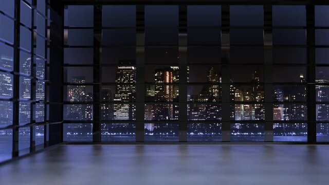 3D TV Virtual Studio With Panoramic View of the City Skyline At Night With Floodlights 