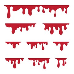 Dripping blood symbols set. Red liquid ink, paint drip and drop.