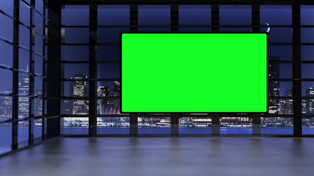 3D virtual TV studio with panoramic city skyline view at night with green screen and floodlights