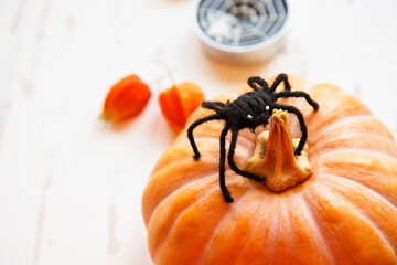 decorations for halloween party, pumpkin and DIY handmade spider close-up
- 386617038
