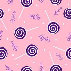 Bright white and purple lollipops, fir branches and snow on light pink background. Christmas winter candy pattern. Suitable for wrapping, textile, wallpaper.