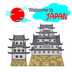 welcome to Japan - Greeting  card with japan Himeji castle drawing in cartoon vector