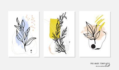 Fototapeta na wymiar Abstract nature background, one line minimal plant vector template. Trendy cards, invitations, makeup and cosmetic flyers, summer pastel minimalist shapes, elegant vintage design in yellow blue