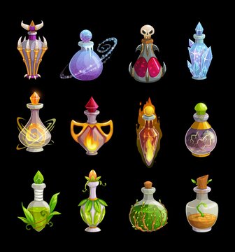 Potion bottles vector icons, magic elixir in glass flasks with green leaves, fire, ice crystals and skull. Magic gui or rpg games assets. Witch poison, halloween objects, alchemy liquid cartoon set