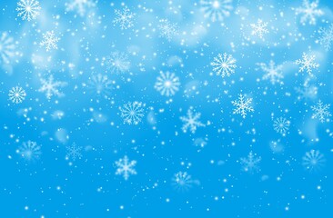 Naklejka na ściany i meble Christmas snowflakes blue vector background. Winter holiday falling snow pattern with steam, decoration for xmas greeting card. Fantasy snow spinning, falling snowflakes backdrop