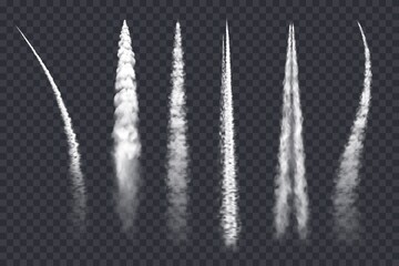 Plane smoke trail, air jet clouds, vector contrail realistic 3d airplane or rocket white lines. Design elements, vapor effect in sky, spray straight and curve tracks isolated on transparent background - obrazy, fototapety, plakaty