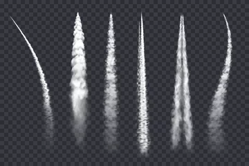 Draagtas Plane smoke trail, air jet clouds, vector contrail realistic 3d airplane or rocket white lines. Design elements, vapor effect in sky, spray straight and curve tracks isolated on transparent background © Vector Tradition