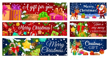 Christmas gift vector greeting banners. Santa and reindeer with winter holiday presents, Xmas trees and bells, snow, stars and candy canes, holly berry, balls and gingerbread, snowflakes, ribbon bows